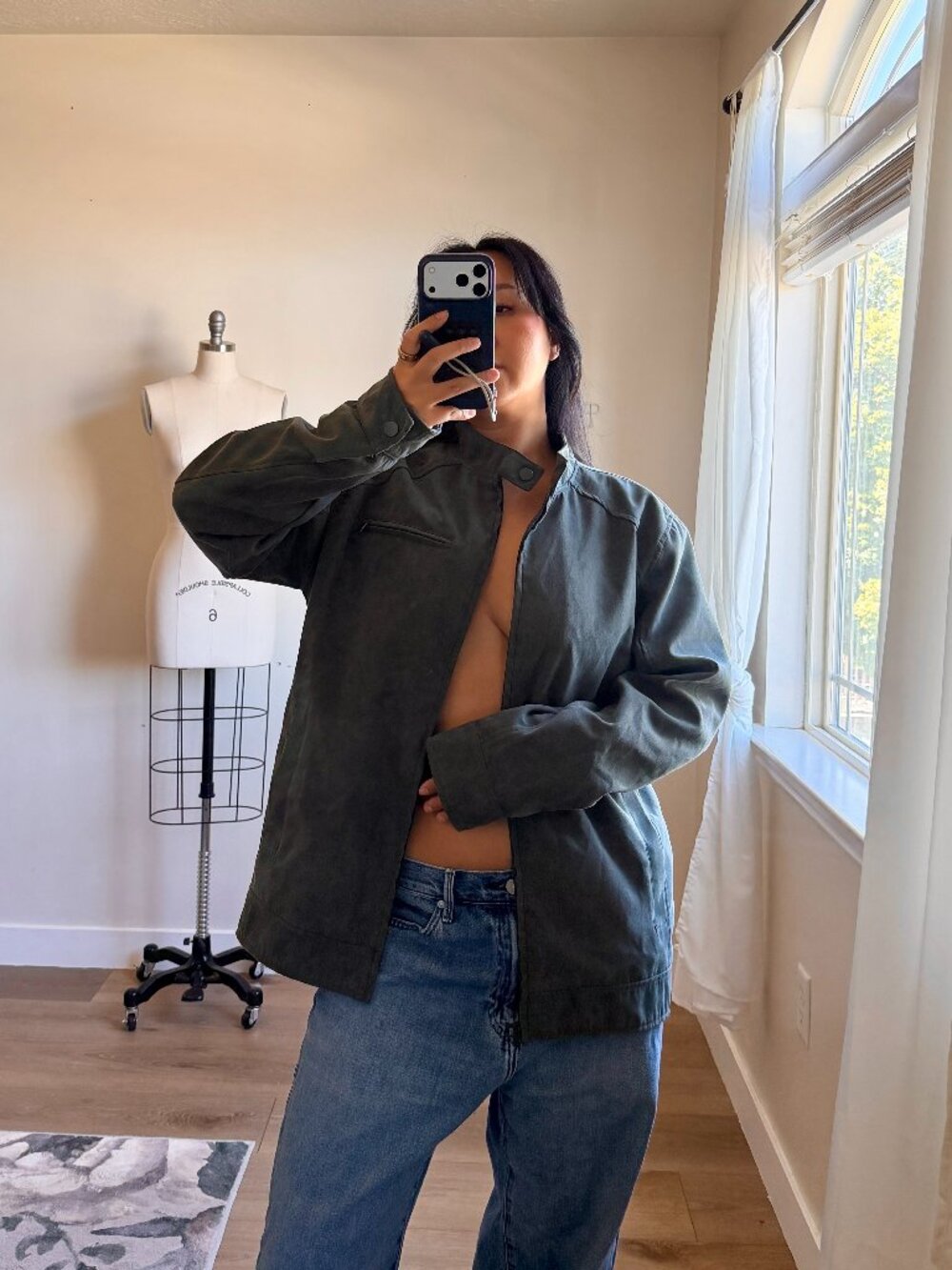 Sage Green Moto Jacket | Lightweight Zip Up | High Collar | Ring Fire | L